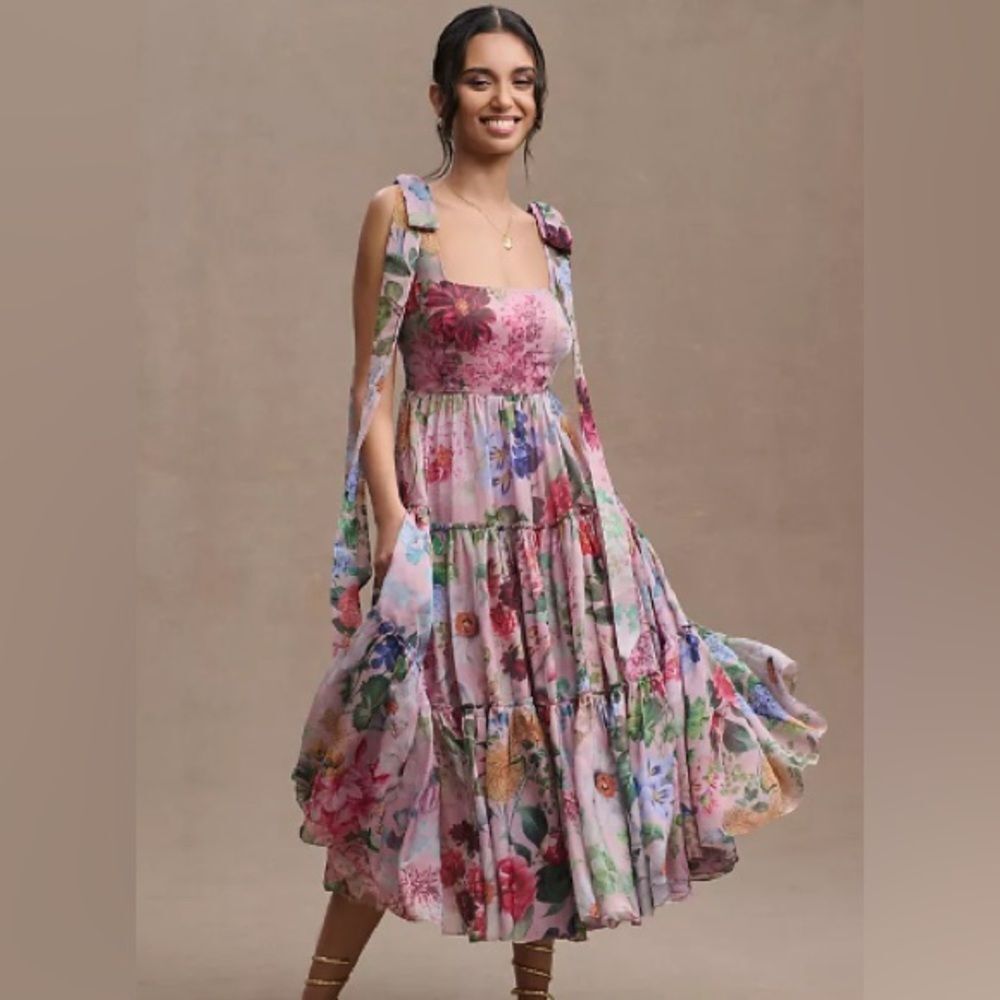 Anthropologie BHLDN Isabella Tiered Square-Neck A-Line Midi Dress Size 8